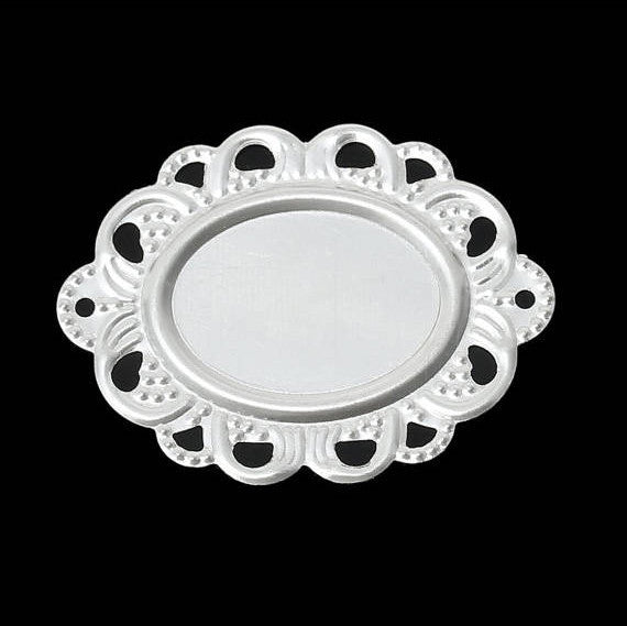 10 FILIGREE CABOCHON Blank Silver Played Bezel Tray 2-Hole Connectors, 32x24mm (Fits 18x13mm), frame bezel tray, oval bezel charm, chs2236a