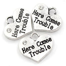 20 bulk Silver Tone Rhinestone " HERE COMES Trouble " Heart Charm Pendants 16x14mm (5/8"x1/2"). Chs0872b