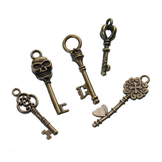 50 Bronze Tone SKELETON KEY Charm Pendants, mixed designs, Bulk Package, chb0494