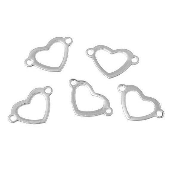 10 HEART Stainless Steel Metal Charms Connector Links, 2 holes, silver stainless steel metal, 7/8" x 1/2" chs2184