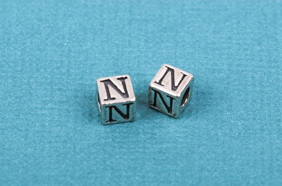 Alphabet LETTER N Sterling Silver Alphabet Block Bead, Square Cube, 5mm, pms0303