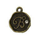 4 pcs Letter B Monogram Wax Seal Bronze Charm Tags, with crystal rhinestone, 3/8"  chb0353
