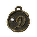 4 pcs Letter D Monogram Wax Seal Bronze Charm Tags, with crystal rhinestone, 3/8"  chb0351