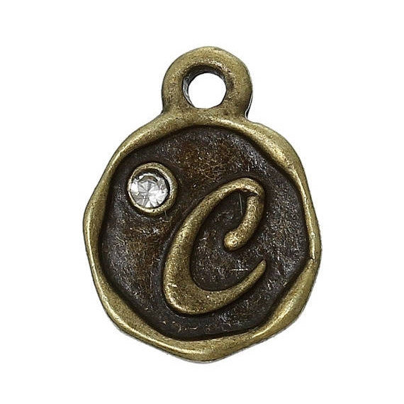 4 pcs Letter C Monogram Wax Seal Bronze Charm Tags, with crystal rhinestone, 3/8"  chb0342