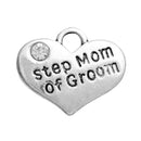 1 Silver Tone Rhinestone " Step Mom of Groom " Heart Charm Pendant 16x14mm chs2663