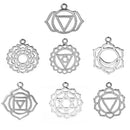 7 Silver CHAKRA Charm Pendants set, one of each design, meditation yoga charms, 7/8" to 1-1/8" diameter chs2357