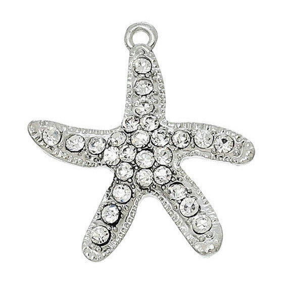 2 Silver STARFISH Charm Pendants with rhinestone crystals, 1" long   chs1793