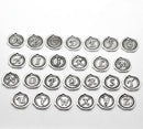 26 Monogram Initial Letter Stamped Wax Seal Charms .  Silver Tone Metal 18mm . 1 of each letter of the alphabet, A-Z, chs2345