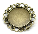 20 bulk Bronze Circle Round Brooch Pin with Filigree Bezel Cabochon Tray, 1" Bezel Tray (fits 25mm), pin blanks, pin0092b