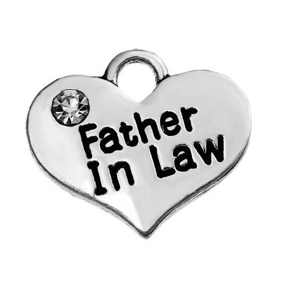 1 FATHER IN Law Heart Charm Pendant, Stamped Words on Both Sides, Clear Rhinestone, 16x14mm   chs2293