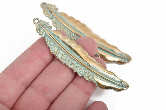 5 Gold FEATHER Charms, Light Gold with green patina metal charms, gold verdigris feather pendants, 77x16mm, 3" long chg0584