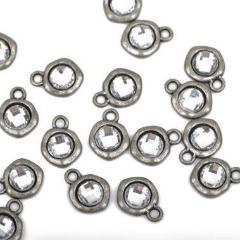 50 Gunmetal Rhinestone Drop Charms, 10mm asymmetrical circle with faceted rhinestone embedded in center, cho0157b