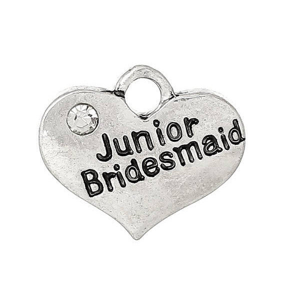 1 Antique Silver Rhinestone "Junior Bridesmaid" Heart Charm Pendant 17x14mm  chs1611a