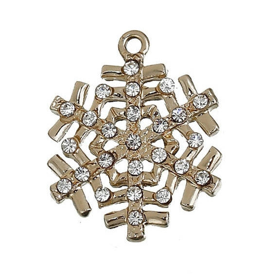 3 Rhinestone Gold SNOWFLAKE Charms, clear crystals, 29mm, chg0504