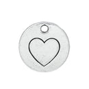 10 Silver HEART Stamped Charm Pendants, flat disks, 5/8" diameter chs1823