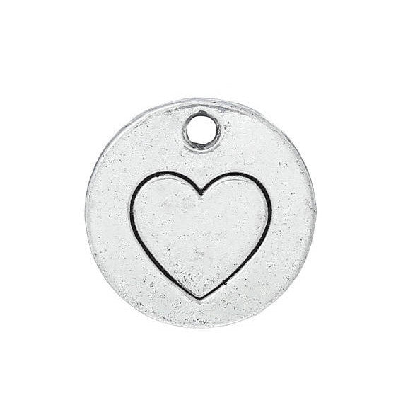 10 Silver HEART Stamped Charm Pendants, flat disks, 5/8" diameter chs1823