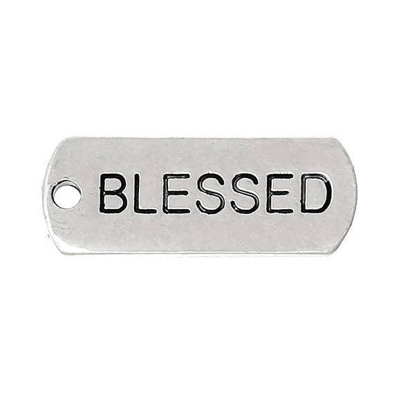 10 STAMPED "BLESSED" Tags Silver Metal Charm Pendants . Chs2234