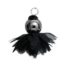 3 MIDNIGHT BLACK Flower Polyester Fabric Tassel Charm Pendants, gunmetal base with black bead 4cm long (1-5/8") cho0173