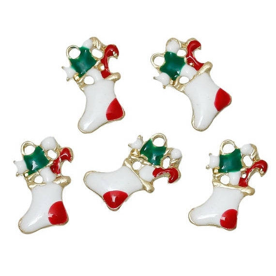 5 STOCKING Christmas Charms or Pendants . Gold Plated with enamel, 5/8" chg0302