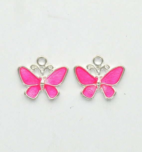 2 Silver Enamel HOT PINK Butterfly Charm Pendants . 19mm x 17mm. Che0029