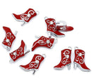 4 RED High-Heeled Boots Charm Pendants with rhinestones, Red enamel, silver metal, 21x15mm  che0358