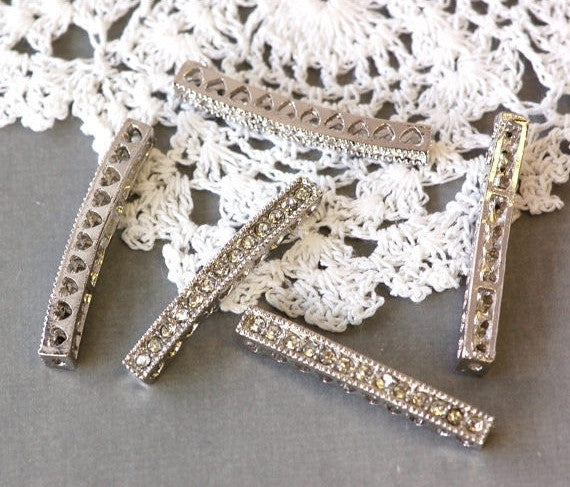 2 Rhinestone Curved Bar for Bracelets, silver tone metal and clear crystals  37mm long