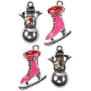 Set of 4 WINTER Theme CHARMS, 2 pink ice skate charms, 2 silver enamel snowman charms, chs2048