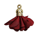 5 pcs DARK WINE Red Maroon Flower Rose Opaque Polyester Fabric Tassel Charm Pendants, gold plated base 27mm long (about 1-1/8") cho0176