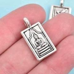 4 THAI BUDDHA charm pendants, silver metal, rectangle religious icon relic charm, double sided, 26x13mm, chs2905