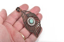 Large Copper FEATHER Pendant, Rhinestones and Faux Turquoise Cabochon, 3" long chc0064