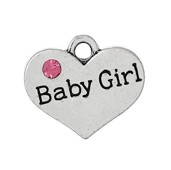 20 bulk package Antique Silver Pink Rhinestone "Baby Girl" Heart Charm Pendant 17x15mm  chs1397b