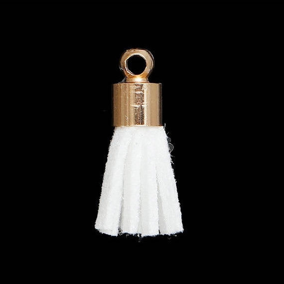 10 Tiny BRIGHT WHITE Velvet Suede Tassel Charm Pendants, gold-plated base 17mm long . cho0174