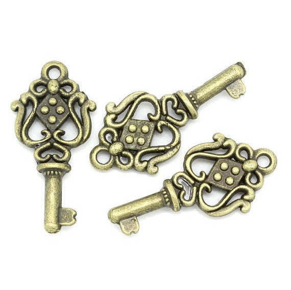 10 Bronze FANCY KEY Charm Pendants, 1" long  chb0315