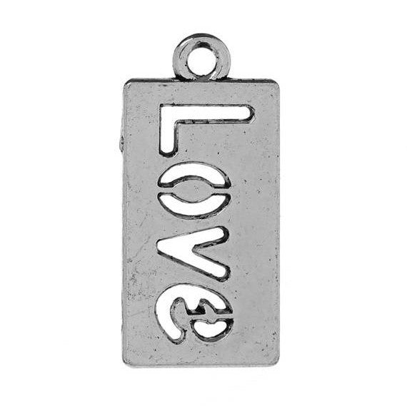 10 Stencil Cutout LOVE Rectangle Charms,  Antique Silver Jewelry Tags chs2222