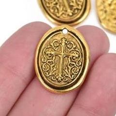 5 Gold Cross Relic Charm Pendants, wax seal style, oval coin charms, gold plated metal, double sided design, 27x21mm, chs2864
