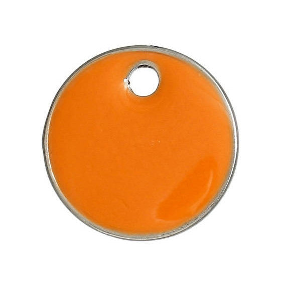 5 ORANGE Enamel Dot Charms, Silver  Round Circle Sequin Charms, double sided, 16mm (5/8") che0519