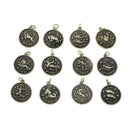 12 Antiqued Gold Metal ZODIAC SIGN Charm Pendants, 1 of each design, chg0387