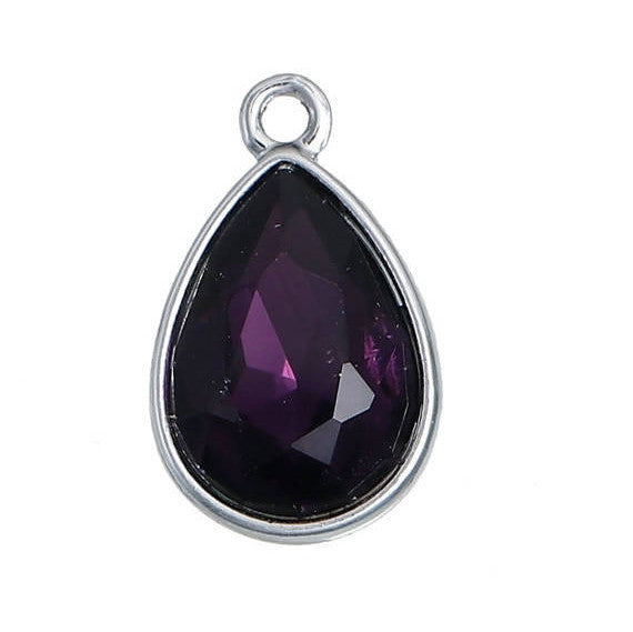 10 DARK PURPLE Amethyst Rhinestone Teardrop Drop Charms, Crystal Glass in Silver Tone Bezel, February Birthstone, 19x12mm, chs2785