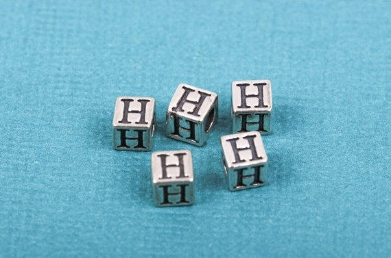 Alphabet LETTER H Sterling Silver Alphabet Block Bead, Square Cube, 4.5mm, pms0345