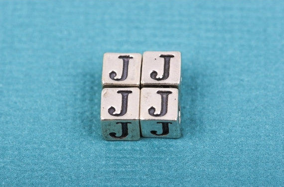 Alphabet LETTER J Sterling Silver Alphabet Block Bead, Square Cube, 4.5mm, pms0348
