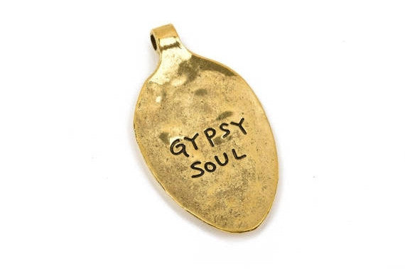 GYPSY SOUL Spoon Bowl Pendant, Gold with stamped letters, hammered metal, 3" long chg0446