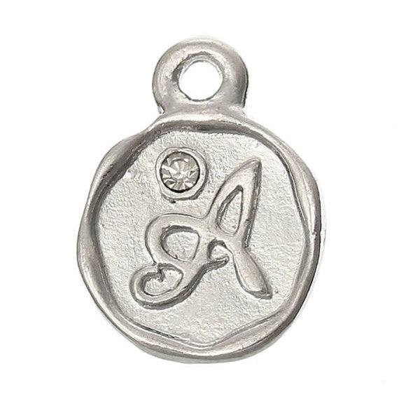 4 pcs Letter A Monogram Wax Seal Silver Charm Tags, with crystal rhinestone, 3/8"  chs1801