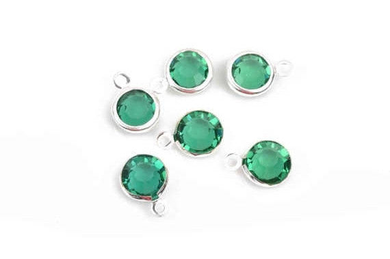 6 EMERALD GREEN Rhinestone Faceted Circle Charms, 8mm Silver Drop charms, Crystal Glass in Silver Plated Bezel, May Birthstone, chs2925