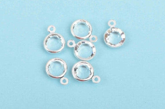 6 CLEAR FACETED Rhinestone Circle Charms, 6mm Silver Drop Charms, Crystal Glass in Silver Plated Bezel, April Birthstone, chs2935