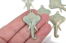 5 ELEPHANT Gold Pendant Charms, Light Gold with blue green verdigris patina, Hindu Ganesha Elephant Head, 1-3/4" long chg0486