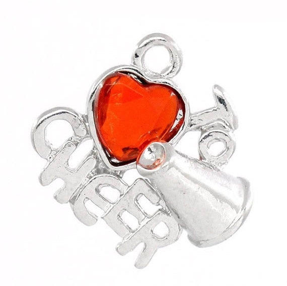 4 Silver Metal and Red Rhinestone LOVE to CHEER Heart Charm Pendants . chs1006