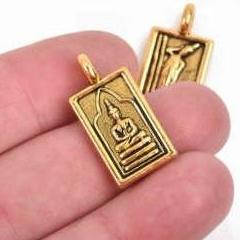 4 THAI BUDDHA charm pendants, antiqued gold metal, rectangle religious icon relic charm, double sided, 26x13mm, chs2907