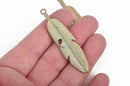 5 Gold FEATHER Charms, Light Gold with green patina metal charms, gold verdigris feather pendants, 61x15mm, 2-3/8" long chg0583