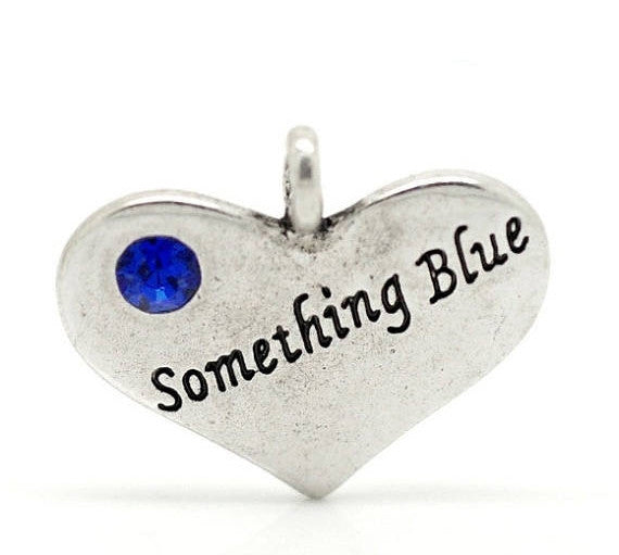 1 Silver Tone Metal Pewter "Something Blue" Heart Charm for wedding bouquets Rhinestone Pendants  22mm x 18mm  chs0970