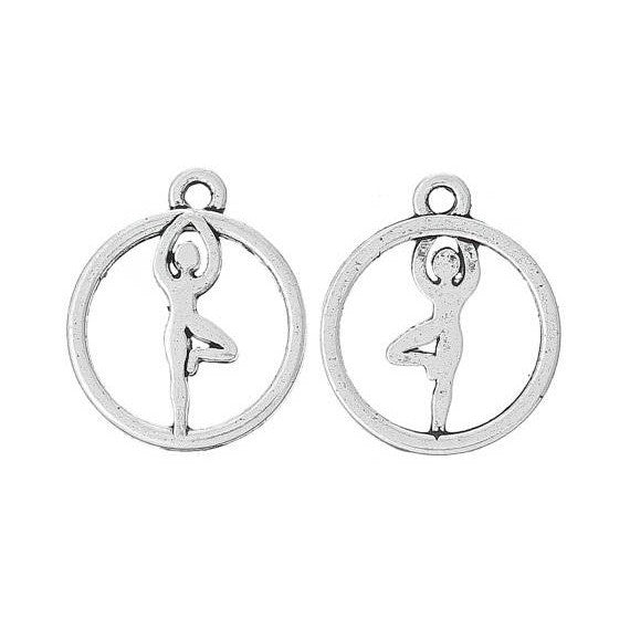 10 Antique Silver Round YOGA Charm Pendants  chs1474